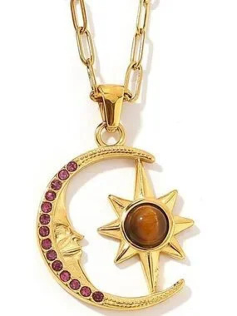 Anthropologie Gold Moon & Sun Pendant Necklace with Pink Accents